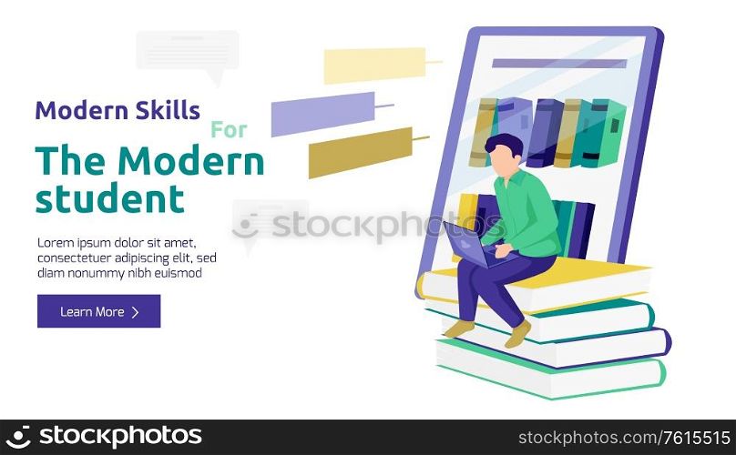 Flat background with modern male student studying with laptop and books vector illustration