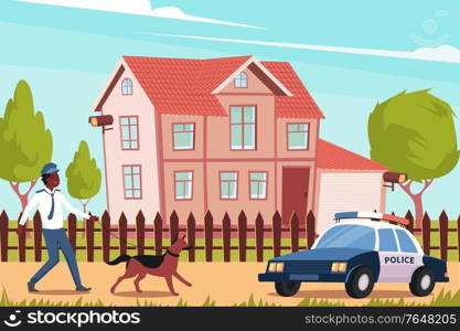 Flat background with police officer dog and car in front of house with installed home security cameras vector illustration