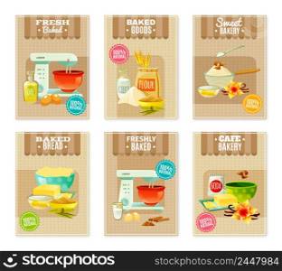 Flat baking banners and cards for cafe or bakery with products and tools for cooking isolated vector illustration. Baking Banners And Cards