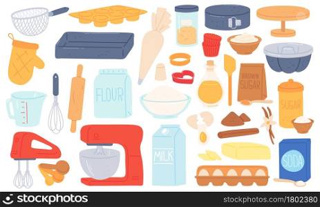 Flat baking ingredient, kitchen utensil and food product. Mixer, rolling pin, brown sugar flour and butter. Cooking pastry recipe vector set. Illustration of preparation ingredient sugar and soda. Flat baking ingredient, kitchen utensil and food product. Mixer, rolling pin, brown sugar flour and butter. Cooking pastry recipe vector set