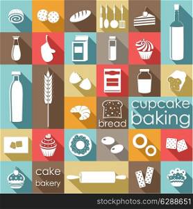 Flat baking set muffins, cakes, flour, bakery. Vector illustration