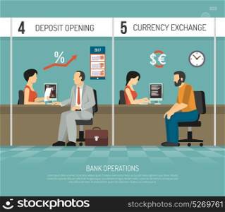 Flat Bank Illustration. Bank office clerks performing operations of deposit opening and currency exchange flat vector illustration