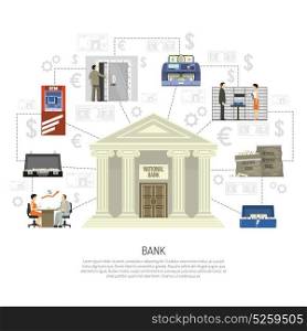 Flat Bank Infographics. Flat infographics with bank building equipment and clerks perfoming different operations on white background vector illustration