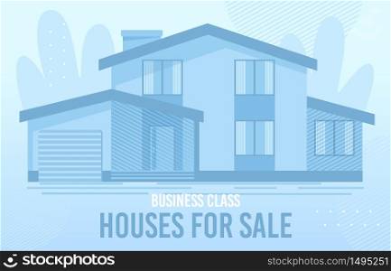 Flat Banner Advertising Business Class Real Estate. House for Sale. Rent Home. Special Offer. Cartoon Townhouse in Elite Area. Building Exterior and Street. Marketing and Commerce. Vector Illustration. Banner Advertising Business Class Real Estate