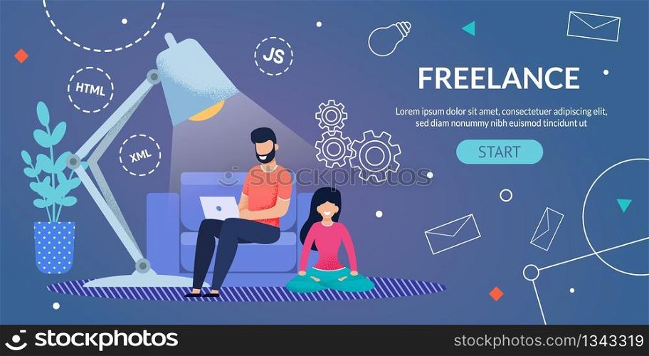 Flat Banner Advertising Freelance. Remote Work at Home. Outsourced Employee, Developer or Webpage Designer. Man Typing Laptop Sits on Armchair. Woman Meditating. Husband and Wife. Vector Illustration. Webpage Advertising Freelance Remote Work at Home