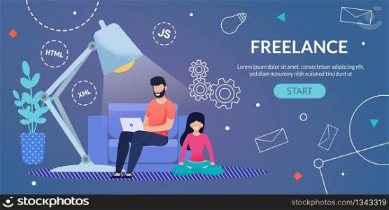Flat Banner Advertising Freelance. Remote Work at Home. Outsourced Employee, Developer or Webpage Designer. Man Typing Laptop Sits on Armchair. Woman Meditating. Husband and Wife. Vector Illustration. Webpage Advertising Freelance Remote Work at Home