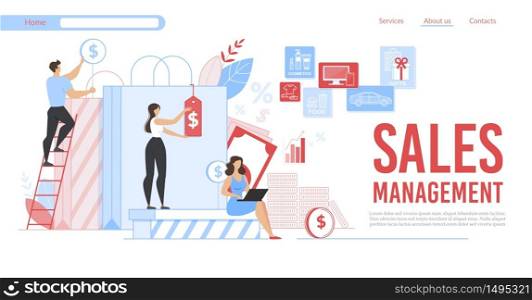 Flat Banner Advertising Help in Sales Management. Cartoon Office Worker or Freelancers Characters Working on Laptop Choosing Marketing Strategy for Business Development. Vector Illustration. Flat Banner Advertising Help in Sales Management