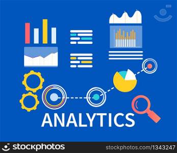Flat Banner Analytics on Blue Background. Vector Illustration. Reasoning System Based on Logic. Vertical and Circular Color Graphic Chart. Study Data Analysis on Background Gears and Glasses.