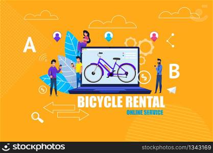 Flat Banner Bicycle Rental Online Service App. Vector Illustration on Yellow Background. Blue Bike on Laptop Screen. Men and Women Look into Smartphone and Order Rental Selected Bike Model Online.