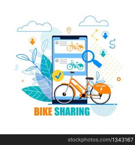 Flat Banner Bike Sharing on White Background. Vector Illustration. Orange Bike on Background Smartphone. An Application for Choosing Bike. Cheap Bicycle Access for Short Trips Around City.