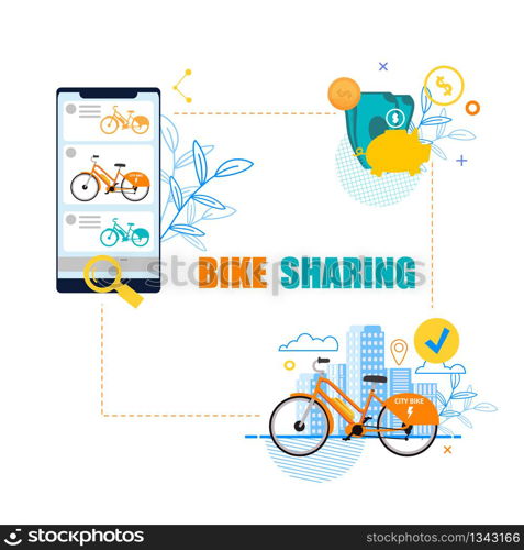 Flat Banner Bike Sharing System White Background. Vector Illustration. Orange Electric Bicycle on Background Urban Buildings. An Application for Choosing Modern Bike. Saving Money.