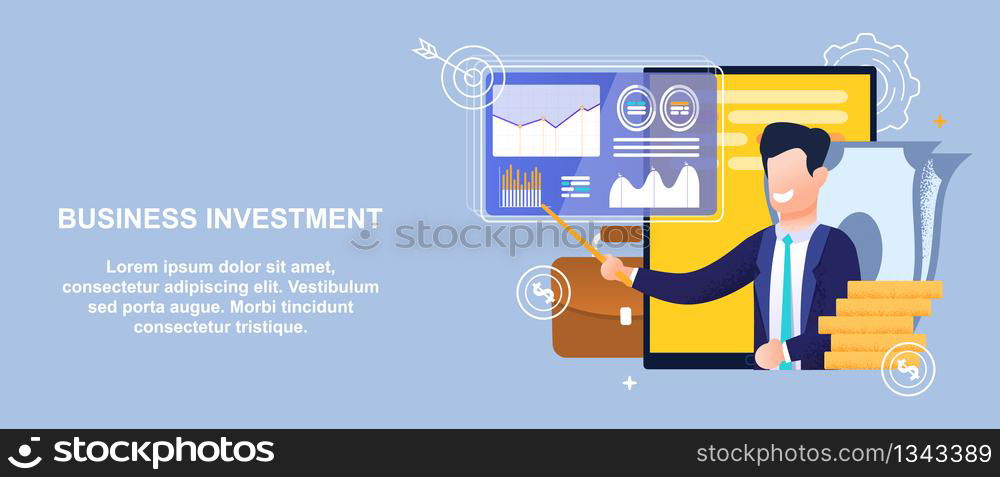 Flat Banner Business Investment in Economy Sector. Vector Illustration on Blue Background. Happy Young Man in Suit Shows with Pointer on Chart Results Activity against Background Tablet and Cash.