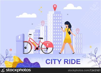 Flat Banner City Ride Red Bicycle Parking Lot. Vector Illustration. Happy Girl in Yellow Dress Walks Down City Street and Looks into Phone. View Streets Large City Background Leaves.