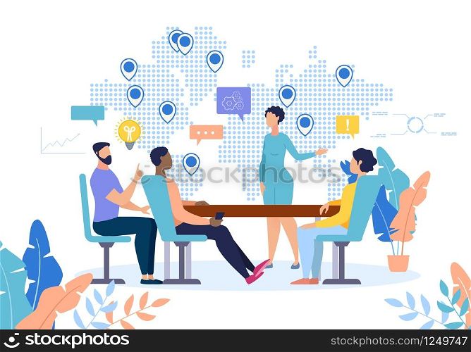 Flat Banner Development Relationships at Work. Lounge for Eating. Woman Holds Presentation Project, Showing Coverage Areas on Map. People Listen to Speaker Cartoon. Vector Illustration.