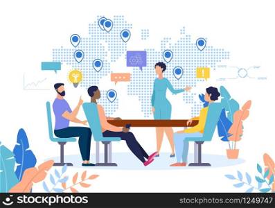 Flat Banner Development Relationships at Work. Lounge for Eating. Woman Holds Presentation Project, Showing Coverage Areas on Map. People Listen to Speaker Cartoon. Vector Illustration.