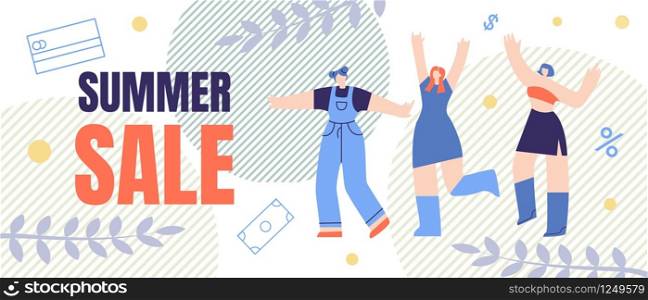 Flat Banner, Flyer Summer Sale Lettering Cartoon. Special Hot Sales and Offer Goods for Men and Women on Vacation or Vacation at Bargain Price in Online Stores and Shopping Centers