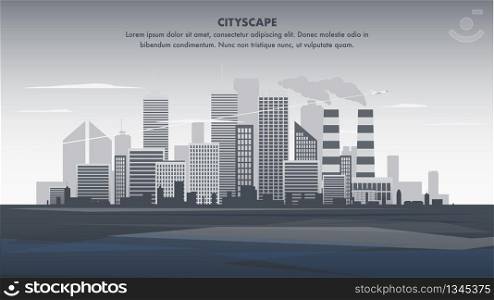 Flat Banner Illustration Gray Panorama Cityscape. Silhouette Modern City. Flying Plane over Metropolis Building. Skyscraper Business Center Company. Office Space. Industrial Centre. Smoke Plant