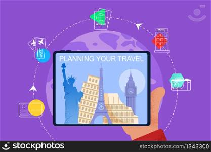 Flat Banner Illustration Planning Your Travel. Hand Holding a Tablet. Online Viewing Country Attractions. Planning Visits to Historic Sites. Ancient Architecture. Hotel Booking, Registration Tickets
