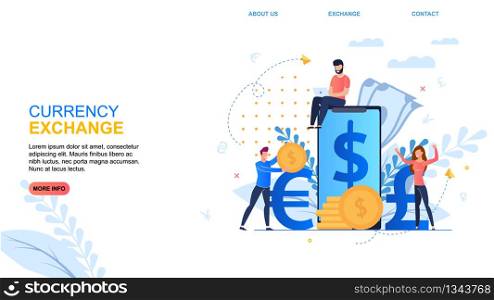 Flat Banner Inscription Currency Exchange Cartoon. Online Economy Applications for Quick Currency Exchange. People Rejoice at Favorable Exchange Rate. Vector Illustration Landing Page