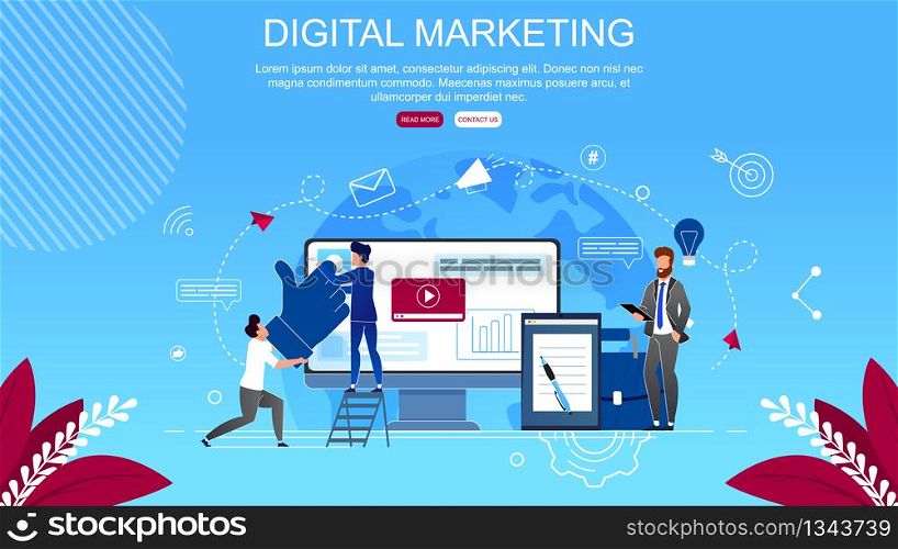 Flat Banner Inscription Digital Marketing Cartoon. Digital Technologies to Attract Potential Customers and Consumers. Vector Illustration Landing Page. Men are Preparing Content Plan.