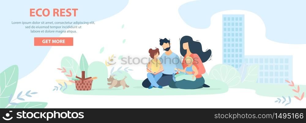 Flat Banner Inscription Eco Rest Landing Page. Family with Dog Came to Park for Outdoor Recreation. Parents and Children Sit on Grass in Park with Food and Books. Vector Illustration.