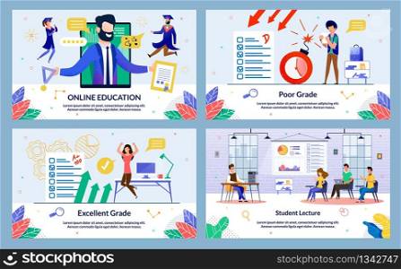 Flat Banner, Inscription Excellent Grade, Cartoon. Set Online Education, Poor Grade, Student Lecture. Girl in Sportswear Enthusiastically Jumps for Joy after Receiving High Test Score.