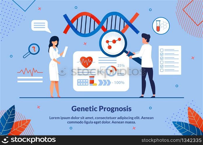 Flat Banner Inscription Geneticist Prognosis. Genetic Diagnosis to Determine Persons Predisposition to Certain Diseases. Man and Woman in Laboratory Conduct Research with Genetic Code.