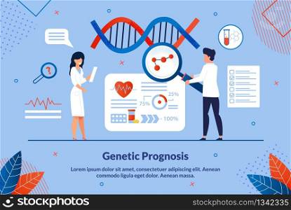 Flat Banner Inscription Geneticist Prognosis. Genetic Diagnosis to Determine Persons Predisposition to Certain Diseases. Man and Woman in Laboratory Conduct Research with Genetic Code.