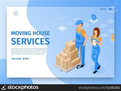 Flat Banner Inscription Moving House Services. In Foreground, Packing and Unpacking Service Staff. Woman in Uniform with Contract her Hands. Man Carrying Cart with Boxes. Landing Page.