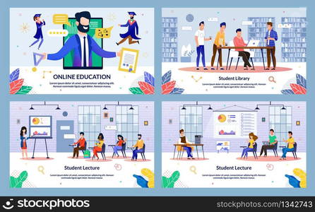 Flat Banner Inscription Online Education, Slide. Student Lecture, Student Library. Man Sits in Library at Table with Laptop, Students Friends are Standing Nearby. Vector Illustration.