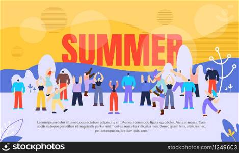 Flat Banner Inscription Summer Vector Illustration. People are Actively Moving against Backdrop Large Inscription. Energy and Positive Emotional Charge in Summer Season. Cartoon Flat.. Banner People Summer Season Vector Illustration.