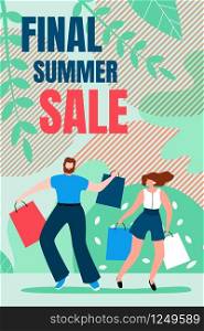 Flat Banner is Written Final Summer Sale Cartoon. Vertical Flyer Invitation for Sale Goods. Man and Woman are Jumping from Shopping Bag. Joy Buying Goods at Bargain Price. Vector Illustration.
