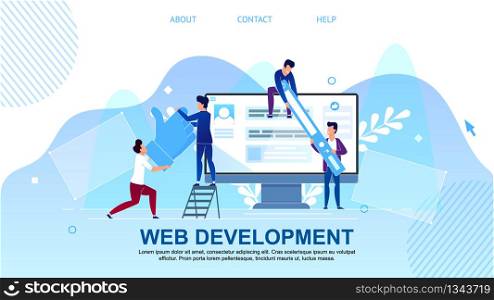Flat Banner is Written Web Development Cartoon. Service to Develop Site or Landing Page. Men Work on Effective Content Placement. Close-up Computer Screen, Small People Make Up Site Layout.