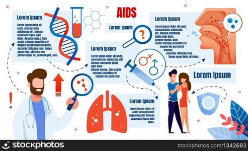Flat Banner Medical Research, is Written Aids. Male Doctor in White Coat Holds Magnifier. Infographic about Aids. Guy with Girl Cuddling. In Vitro Blood and Dna Helix. Vector Illustration.