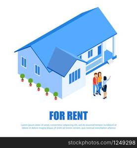 Flat Banner Nameplate for Rent, Landing Page. Booking Online from Site for Rental Properties Anywhere in World. Vector Illustration Meeting with Real Estate Successful Agent, Isometric.