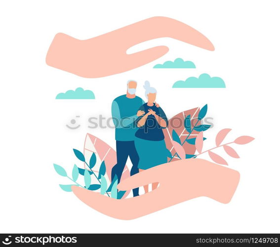 Flat Banner Protection for Senior Family Members. Poster Care for Family Members. Flyer Elderly Parents are Standing in Park, Reconciliation Large Female Hands. Vector Illustration.