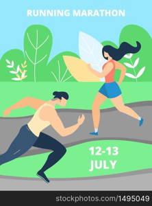 Flat Banner Running Marathon Lettering Cartoon. Invitation Flyer at City Sporting Event. Boy and Girl Run in Opposite Directions. Young People Take Part in Competition. Vector Illustration.