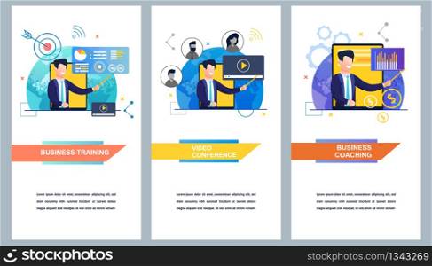 Flat Banner Set Business Training. Video Conference. Business Coaching. Vector Illustration on White Background. Company uses System Professional Relationships Between Specialists.