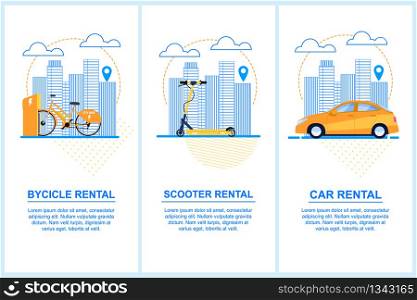 Flat Banner Set Bycicle Scooter Car Rental. Vector Illustration Background Dotted Lines and Dots. An Orange Bike in Parking Lot. Yellow Scooter in a Big City. Orange Car Background Urban Buildings.