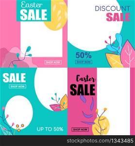 Flat Banner Set Easter Sale Discount Sale 50 Percent Up To. Vector Illustration on Color Background. Pink Blue and Yellow Floral Ornament Leaves on Discount Coupons and Promotional Flyers.