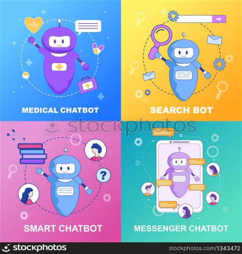 Flat Banner Set Medical Smart Messenger Chatbot Search Bot. Vector Illustration on Color Background. Artificial Intellect Contacts on Behalf Company in Order to Simplify Online Communication.