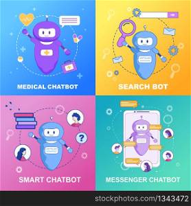 Flat Banner Set Medical Smart Messenger Chatbot Search Bot. Vector Illustration on Color Background. Artificial Intellect Contacts on Behalf Company in Order to Simplify Online Communication.