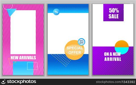 Flat Banner Set New Arrivals. Special Offer. On New Arrival. 50 Percent Sale. Vector Illustration on Colored Background in Center White. Coupons and Vouchers for Trade in internet Stores.