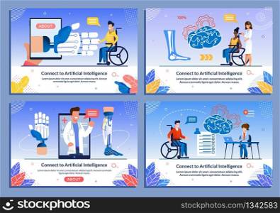 Flat Banner Set Present AI Technology. Bionic Body Parts. Mobile App. Rehabilitation and Help. Disabled People, Crippled Person in Wheelchair. Engineer Give Presentation on Screen. Vector Illustration. Banner Set Presenting AI Technology for Disabled