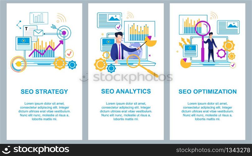Flat Banner Set Seo Analytics Optimization on Laptop Screen Arrow goes up. Businessman Shows Pointer Pie Chart. Young Man is Standing With Magnifier on Laptop. Set Vector Illustration.
