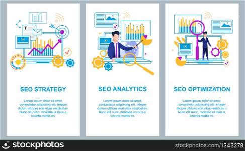 Flat Banner Set Seo Analytics Optimization on Laptop Screen Arrow goes up. Businessman Shows Pointer Pie Chart. Young Man is Standing With Magnifier on Laptop. Set Vector Illustration.