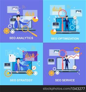 Flat Banner Set Seo Analytics Optimization Strategy Service. Vector Illustration Man Pointing at Chart. With Magnifier Standing on Laptop. In Tie Businessman Raising Up Investments.