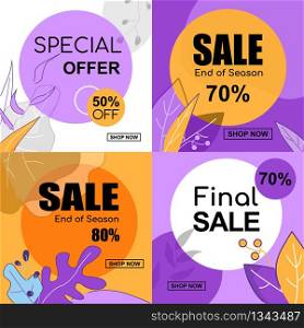 Flat Banner Set Special Offer 50 70 80 Percent Off Sale End of Season Final. Vector Illustration. Yellow Violet and Lilac Floral Ornament on Discount Coupons and Promotional Flyers.