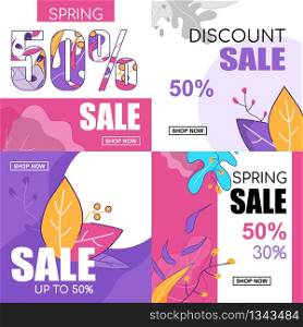 Flat Banner Set Spring Discount Sale 50, 30 Percent Up To. Vector Illustration on Color Background. Pink and Purple Floral Ornament Leaves on Discount Coupons and Promotional Flyers.