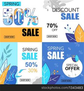 Flat Banner Set Spring Sale 30, 50, 70, Percent Special Offer Discount Off. Vector Illustration on Color Background. Spring Floral Ornament Leaves on Discount Coupons and Promotional Flyers.